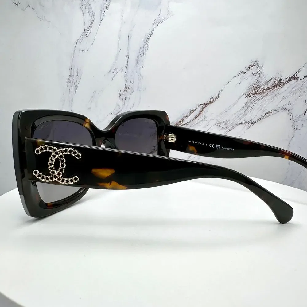 New CHANEL Sunglasses Brown Acetate Tortoise Square Gold Metal Chain CC - Picture 12 of 16